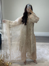 Load image into Gallery viewer, Qalamkar inspired khadi net suit with embroidered khadi net duppata and lawn embroidered trouser