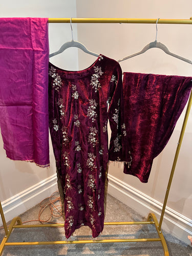 Velvet suit with pearls and organza duppata plum