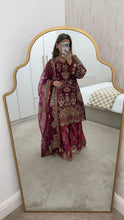 Load image into Gallery viewer, Pink Organza embellished 3 piece suit with wide leg silk trouser Eid collection party wear
