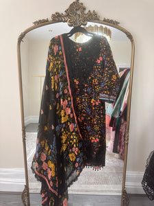 Maria B inspired embroidered lawn suit black floral with chiffon duppata