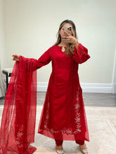 Load image into Gallery viewer, Korean raw silk suit with emrboidery and lace details. Organza duppata. Party wear. Eid collection.