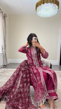 Load image into Gallery viewer, Sameera - Organza heavily embroidered suit with lace embroidery detailing and tassel finish fully embroidered duppata