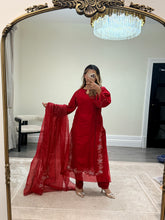 Load image into Gallery viewer, Korean raw silk suit with emrboidery and lace details. Organza duppata. Party wear. Eid collection.