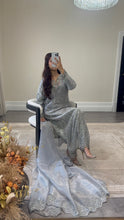 Load image into Gallery viewer, Cutdana grey/blue suit with embroidered cotton net duppata and trouser. Party wear. Eid collection.