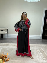 Load image into Gallery viewer, Black and pink  kaftan style long shirt with khadi net duppata and wide leg trouser