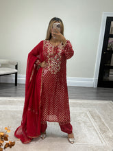 Load image into Gallery viewer, Red embroidered suit with foil work and mirror work embellishments with trouser and chiffon duppata