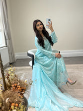 Load image into Gallery viewer, Cutdana grey/blue suit with embroidered cotton net duppata and trouser. Party wear. Eid collection.