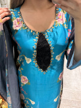 Load image into Gallery viewer, Silk 3 piece suit lulusar inspired with handwork on neckline. Kameez suit.