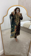 Load image into Gallery viewer, Black silk floral embroidered 3 piece suit with silk duppata