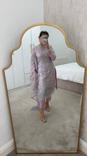 Load image into Gallery viewer, Defective Lilac / silver cotton net embroidered suit with cotton net duppata and crepe trouser (Copy)