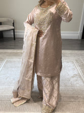 Load image into Gallery viewer, Silk embroidered suit with Gota work and embroidery and silk farshi shalwar and cotton net duppata. Party wear. Asian wedding suit.