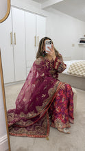 Load image into Gallery viewer, Pink Organza embellished 3 piece suit with wide leg silk trouser Eid collection party wear