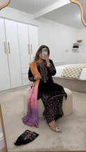Load image into Gallery viewer, Purple velvet embroidered suit with sequin embroidery and embellishments. Chiffon duppata. Eid and party wear.