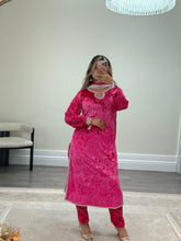 Load image into Gallery viewer, Black/pink velvet embroidered suit with velvet trouser and chiffon duppata