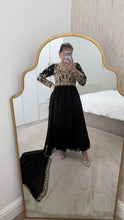 Load image into Gallery viewer, Chiffon frock style suit with sari draped duppata and hand embellishments and silk trouser. Eid collection. Party wear.