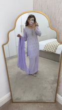 Load image into Gallery viewer, Lilac hand embroidered raw silk 3 piece suit with wide leg trouser Eid collection party wear