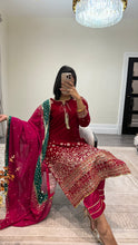 Load image into Gallery viewer, Sparkle red velvet embroidered suit with silk trouser and chiffon duppata