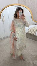 Load image into Gallery viewer, White sparkle chiffon embroidered suit with cotton net duppata and crepe trouser