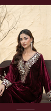 Load image into Gallery viewer, Design 2 Morrored Velvet Embroidered on trend kaftan with trouser and dupatta