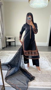 Black lawn embroidered lawn suit with cotton net duppata