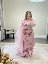 Load image into Gallery viewer, Pink floral embroidered suit with organza duppata and wide leg silk trouser. Eid collection. Party wear.