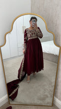 Load image into Gallery viewer, Chiffon frock style suit with sari draped duppata and hand embellishments and silk trouser. Eid collection. Party wear.