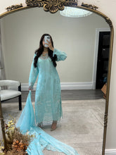 Load image into Gallery viewer, Cutdana grey/blue suit with embroidered cotton net duppata and trouser. Party wear. Eid collection.