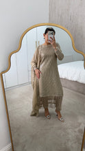 Load image into Gallery viewer, Sparkle Golden chiffon suit with embroidered chiffon duppata and trouser. Party wear. Eid collection.
