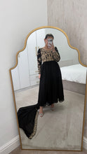 Load image into Gallery viewer, Chiffon frock style suit with sari draped duppata and hand embellishments and silk trouser. Eid collection. Party wear.