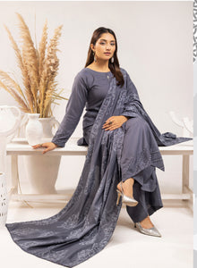 Dhanak embroidered shawl 3 piece suit Grey