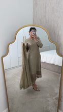 Load image into Gallery viewer, Sparkle Golden chiffon suit with embroidered chiffon duppata and trouser. Party wear. Eid collection.