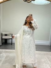 Load image into Gallery viewer, Lace net pearl embellished suit with trouser with chiffon duppata.