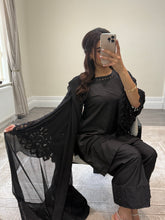 Load image into Gallery viewer, Crochet sleeve shirt with farshi shalwar and silk duppata with pearl finishing throughout