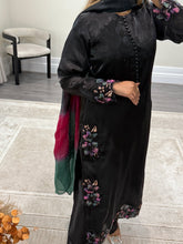 Load image into Gallery viewer, Black silk suit with embroidered sequin work and silk tye dye duppata and silk trouser