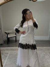 Load image into Gallery viewer, black and white embroidered raw silk suit with silk plazzo and chiffon duppata party wear suit
