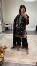 Load image into Gallery viewer, Black/ white chiffon embroidered suit with sequin embroidery and embellishments. Chiffon duppata. Eid and party wear.