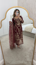 Load image into Gallery viewer, Maroon embroidered suit with full embellishment detailing and organza embroidered duppata. Crepe trouser. Eid collection and party wear