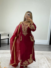 Load image into Gallery viewer, Beautiful handwork embroidered suit in red silk with cotton net duppata and trouser. Perfect wedding wear suit.