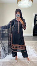 Load image into Gallery viewer, Black lawn embroidered lawn suit with cotton net duppata