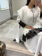 Load image into Gallery viewer, black and white embroidered raw silk suit with silk plazzo and chiffon duppata party wear suit