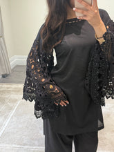 Load image into Gallery viewer, Crochet sleeve shirt with farshi shalwar and silk duppata with pearl finishing throughout