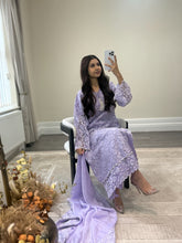 Load image into Gallery viewer, Lilac Lace net pearl embellished suit with trouser with chiffon duppata.