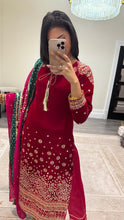 Load image into Gallery viewer, Sparkle red velvet embroidered suit with silk trouser and chiffon duppata