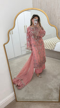 Load image into Gallery viewer, Light Pink Maria b inspired chiffon suit with embellishment and embroidery with chiffon duppata and trouser. Asian party wear suit.