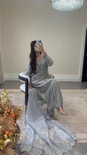 Load image into Gallery viewer, Cutdana grey/blue suit with embroidered cotton net duppata and trouser. Party wear. Eid collection.