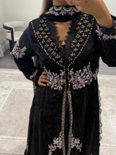 Load image into Gallery viewer, Maria b inspired black chiffon frock with embroidered and rhinestone detailing with trouser and chiffon duppata