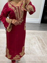 Load image into Gallery viewer, Beautiful handwork embroidered suit in red silk with cotton net duppata and trouser. Perfect wedding wear suit.