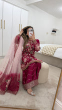 Load image into Gallery viewer, Jazmin inspired chiffon embroidered suit with chiffon duppata and wide leg embroidered trouser
