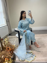 Load image into Gallery viewer, Ice blue Organza embellished suit with stonework. Organza duppata and silk trouser.