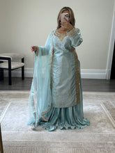 Load image into Gallery viewer, Sheesha silk suit with Gota work and embroidery and silk pleated lehenga and cotton net duppata. Party wear. Asian wedding suit.